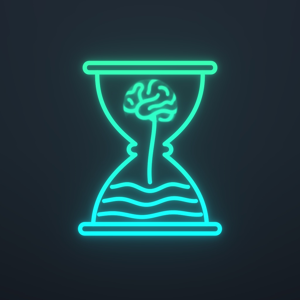 Neon line-art illustration of an hourglass balancing cognitive load with recovery waves