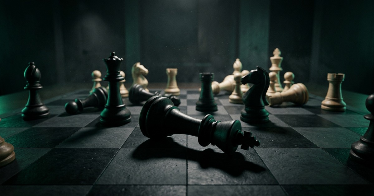 Toppled chess pieces on a dark board representing tilt and loss chasing