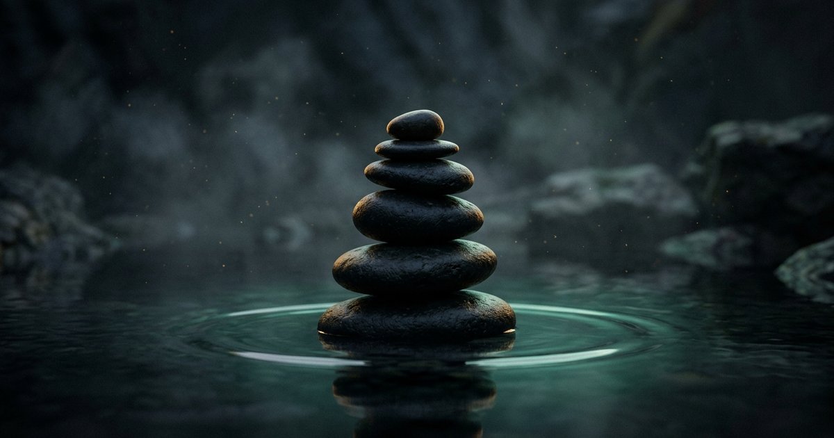 A balanced stack of dark stones standing steady in shallow water while a gentle ripple passes around its base