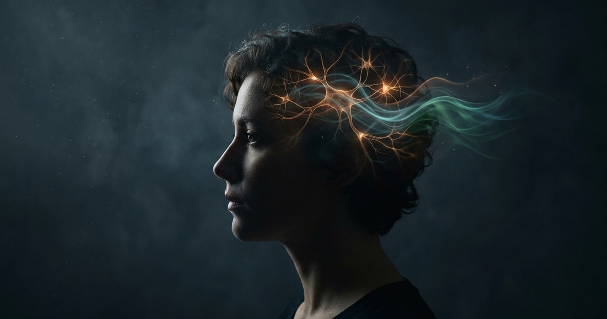 Contemplative human profile with glowing neural pathways and cognitive waves representing human psychology and intuition