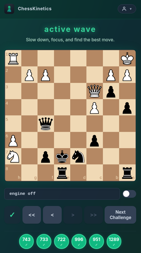 The main training interface showing a chess board and a six-puzzle wave progress bar