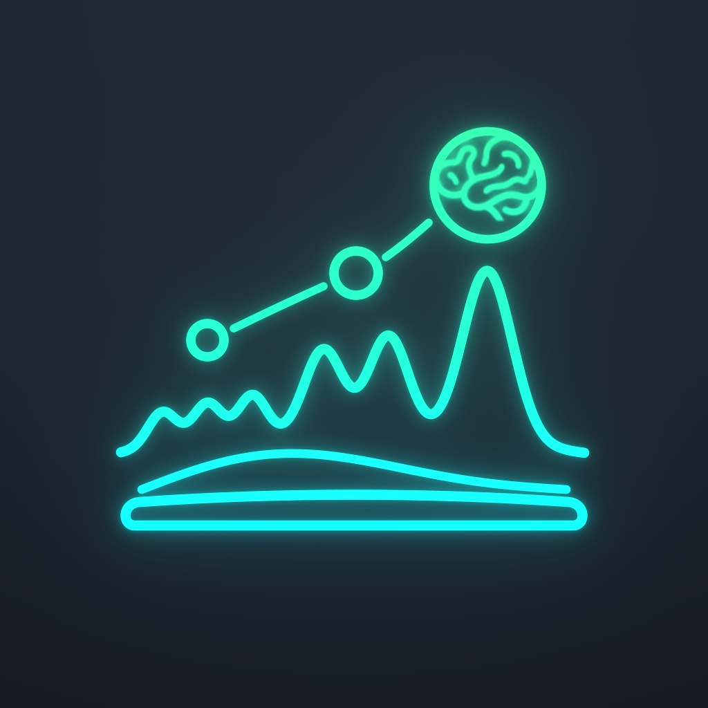 Neon line-art illustration of a three-phase ascending wave curve leading to a brain icon